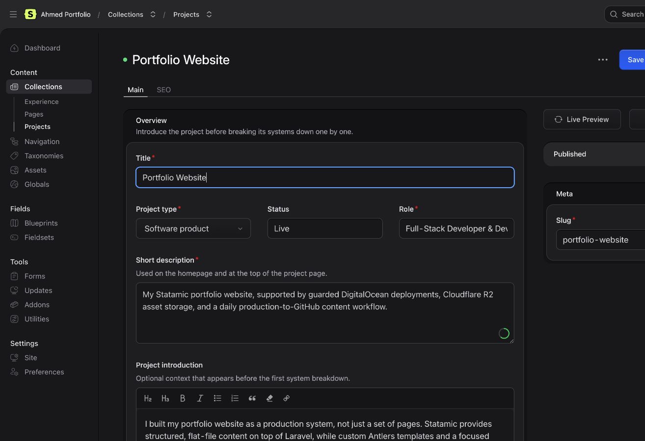 Statamic Control Panel editing screen for the Portfolio Website project.