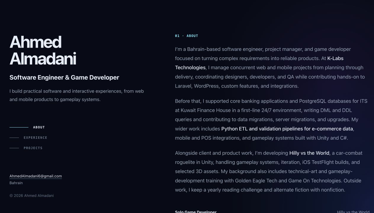 Desktop view of Ahmed Almadani’s portfolio homepage with his profile and about section.