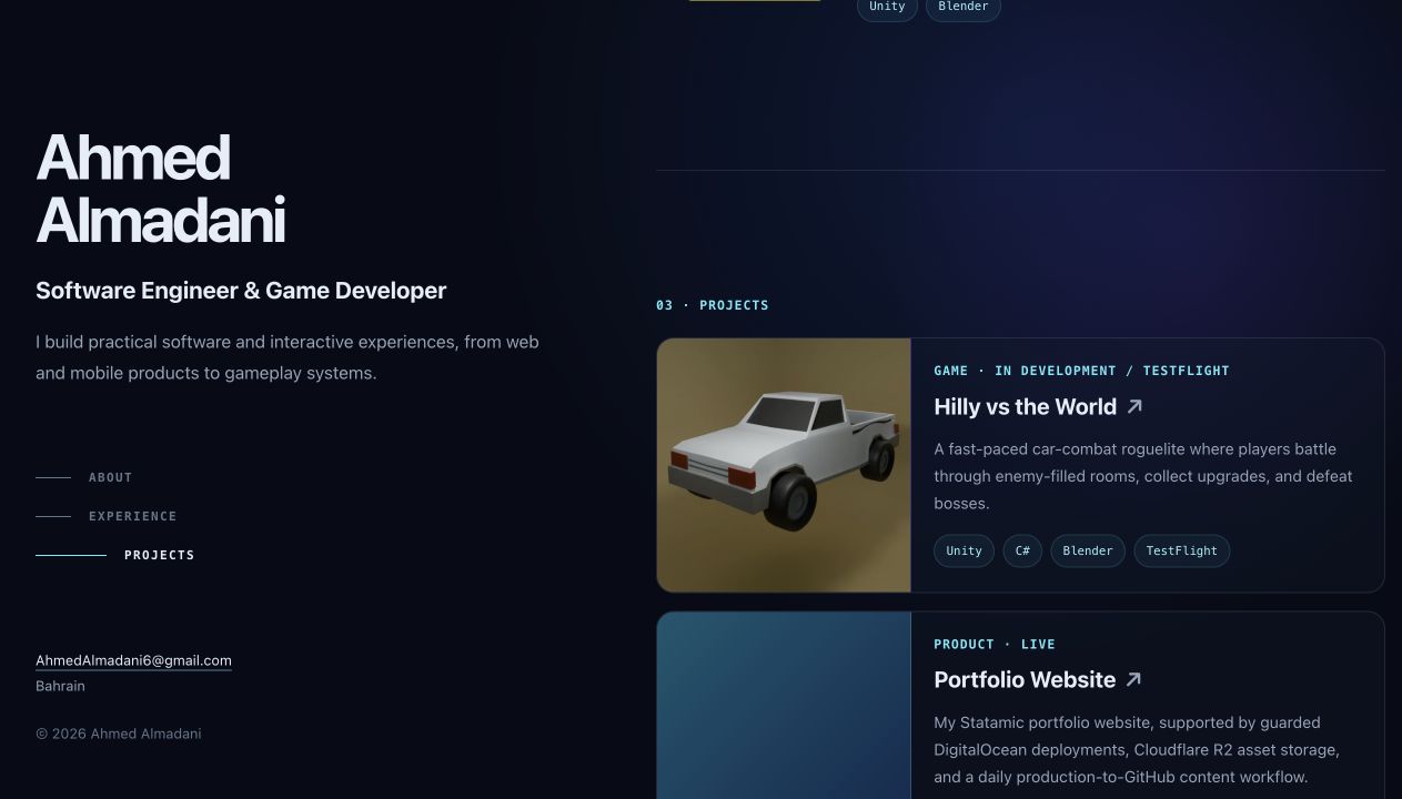 Featured projects section of Ahmed Almadani’s portfolio website showing the Hilly vs the World and Portfolio Website case studies.
